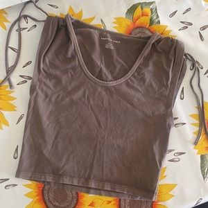 American Eagle Cropped Brown Tie Sleeve Tank Top Tee Shirt